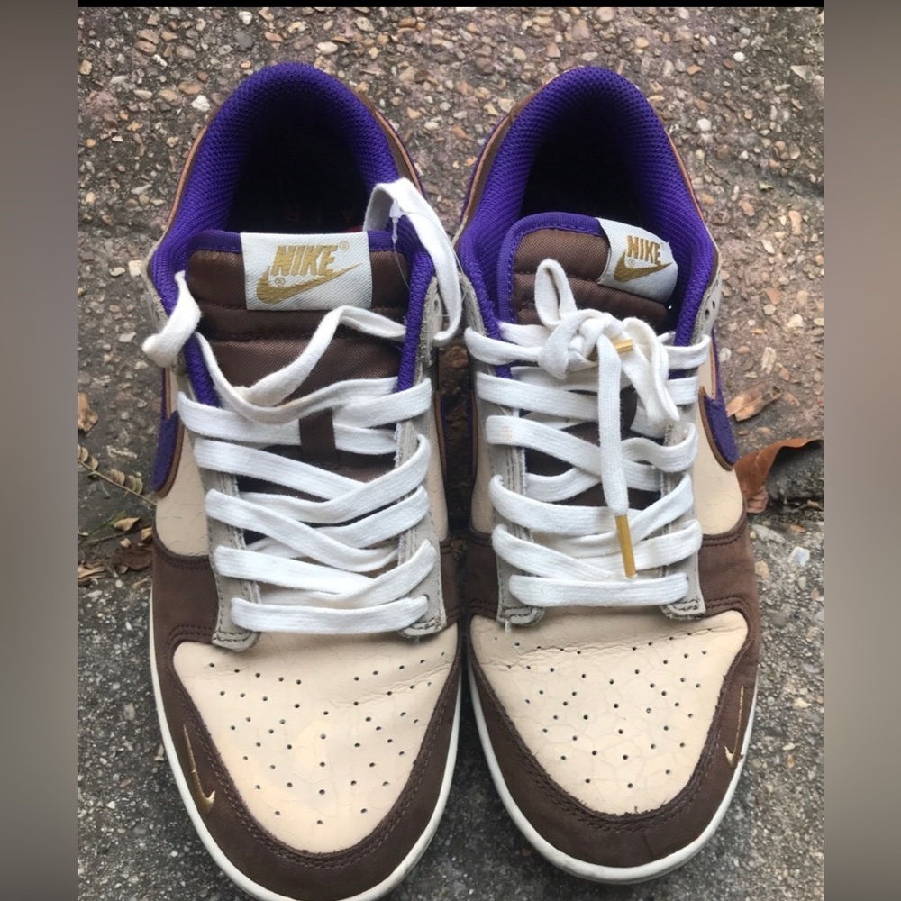 Nike Cream and Brown Dunks with Purple Highlights size 8